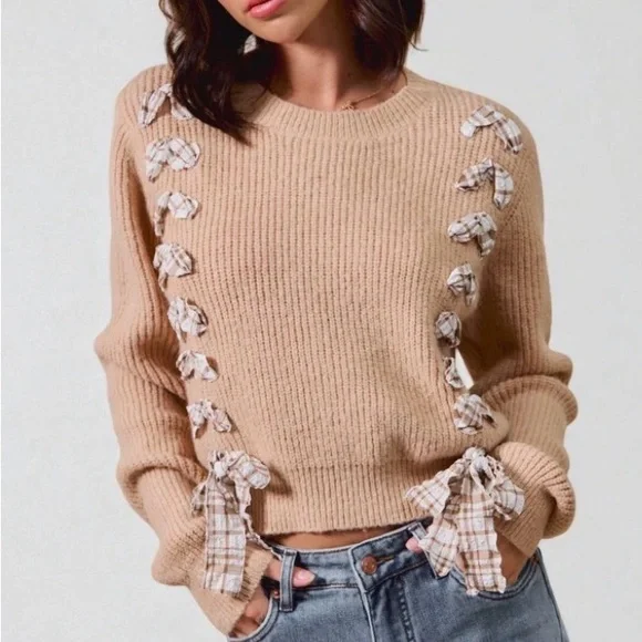 So Me Cropped Bow Cardigan Sweater Beige Plaid Bow Detail Women’s Medium - Picture 1 of 11